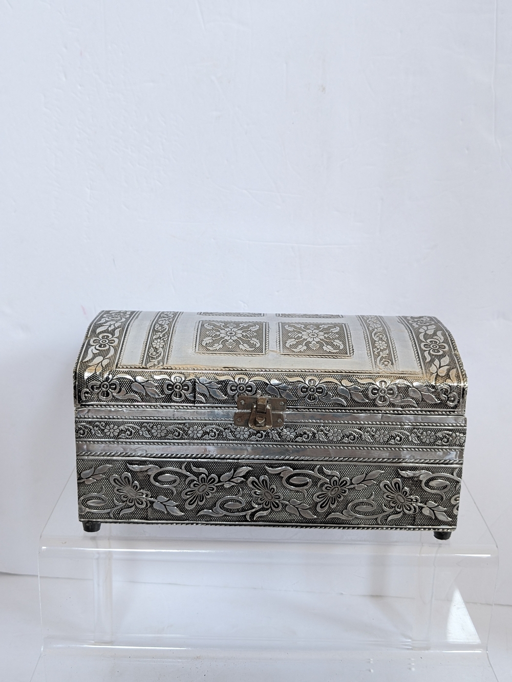 Decorative Silver-Tone Floral Jewelry Chest